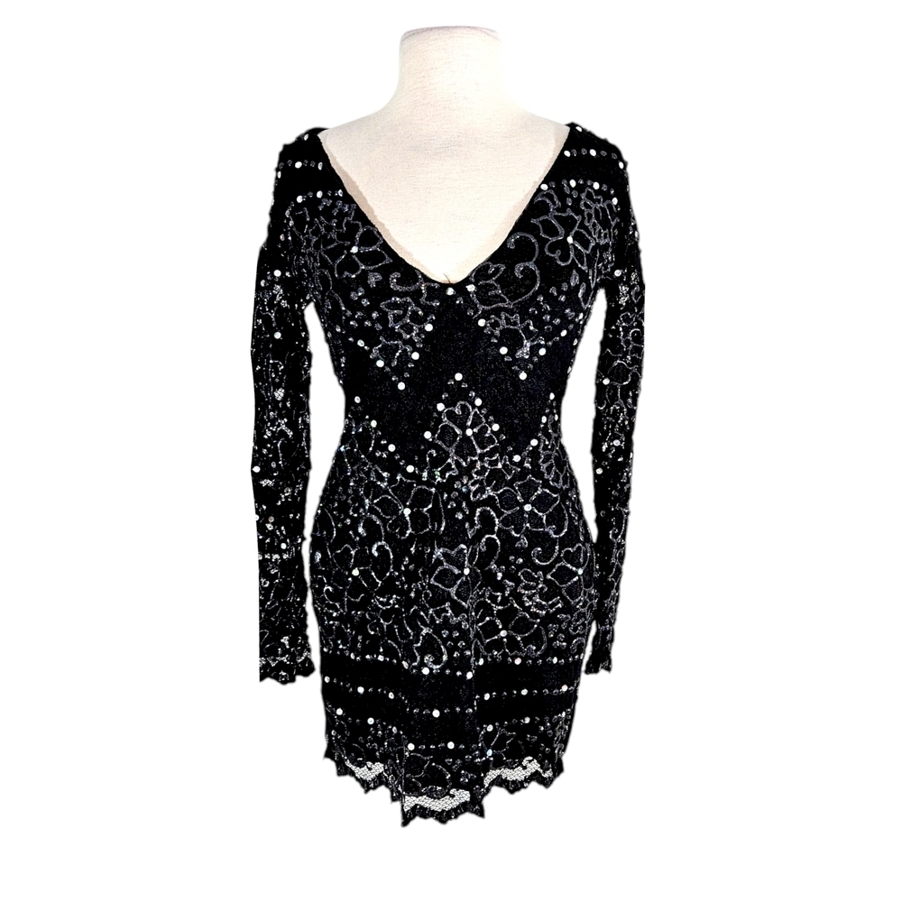 Holt Maison De Luxe Designer Hand Painted Rhinestone Black Lace Dress